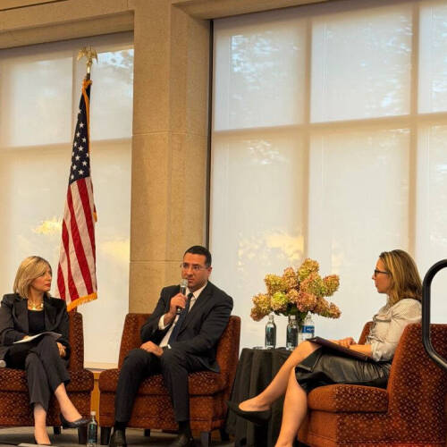 GVSU College of Computing Dean Kessentini and Dr. Samah Mansour in conversation with Rep. Hilary Scholten on Stage.